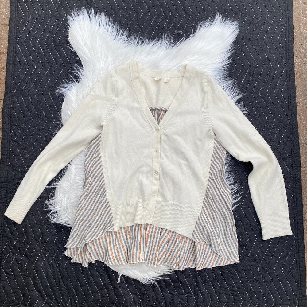 Moth Anthropologie Mixed Media Woven Cardigan Ivory Stripe